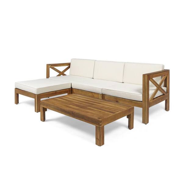 Anky 5-Piece Wood Patio Conversation Sectional Seating Set with Beige Cushions, with Ottoman and Coffee Table