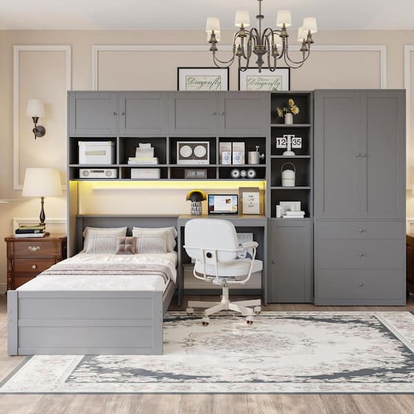 Gleason Gray Wood Frame Twin Size Platform Bed with Desk, Wardrobe, Cabinets, Drawers, and Shelves