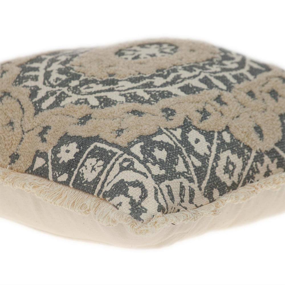 Abu Beige and Gray Embroidered Cotton Square Throw Pillow