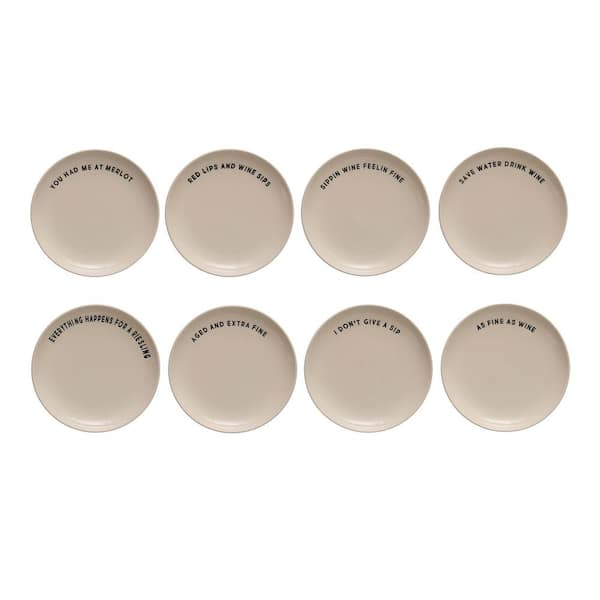 Storied Home Beige Round Stoneware Dinnerware Plate Set with Text Print Designs (Set of 8)