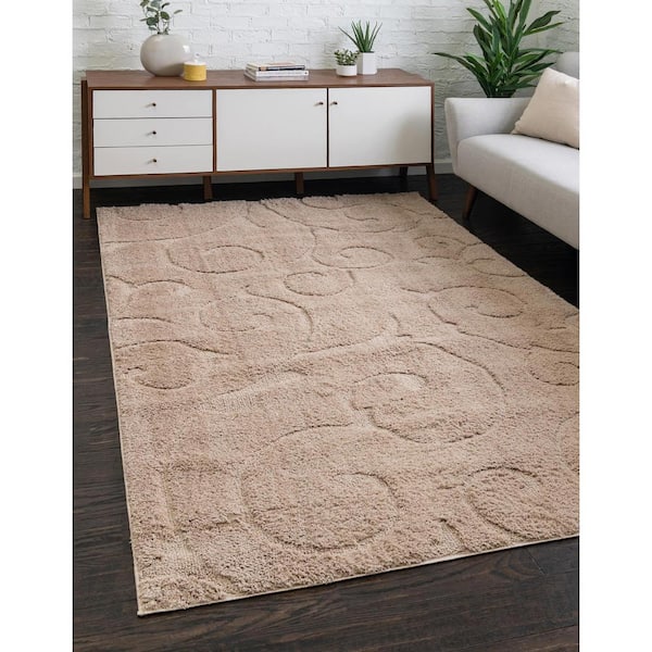 Floral Shag Carved Light Brown 8' 0 x 10' 0 Area Rug
