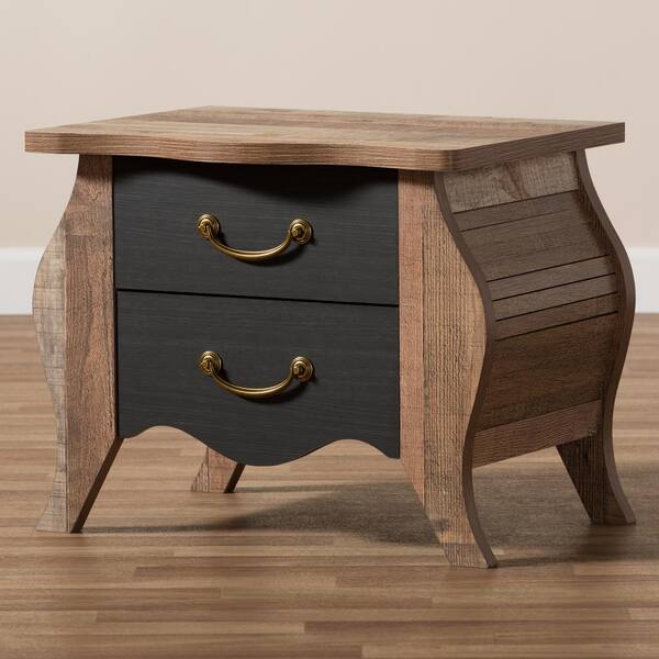 Romilly Country Cottage Two-Tone Black/Oak-Finished Wood 2-Drawer Nightstand 