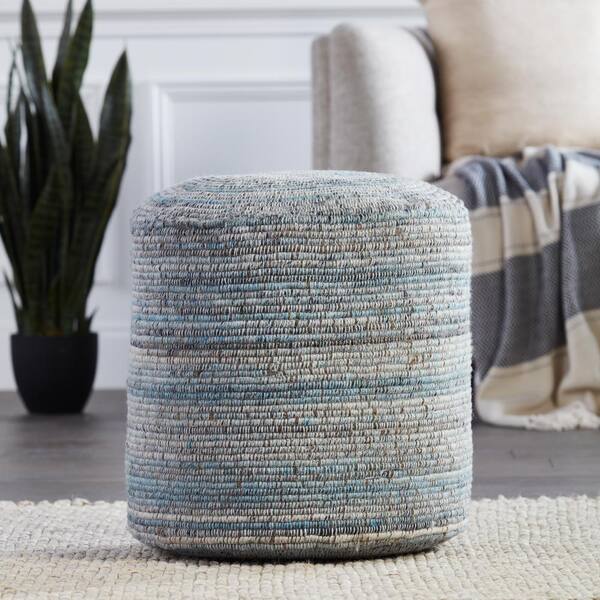 Duro Stripes Light Blue and Gray 18 in. x 18 in. x 22 in. Cylinder Pouf