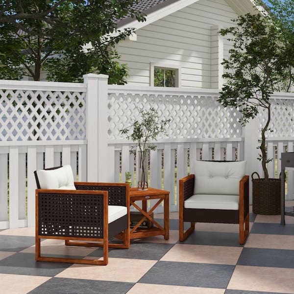 Sudzendf Brown 3-Piece Wicker Outdoor Bistro Set, Bar Set with Beige Cushion