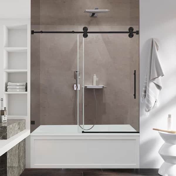 ANGELES HOME 56-60 in. W x 66 in. H Frameless Single Tub Door Shower Door in Matte Black with Smooth Sliding,Tempered Glass
