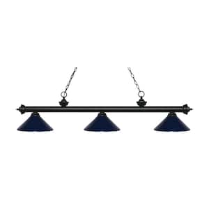 Riviera 3-Light Matte Black with Metal Navy Blue Shade Billiard Light with No Bulbs Included