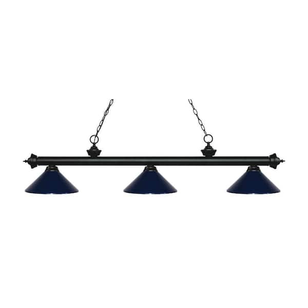 Unbranded Riviera 3-Light Matte Black with Metal Navy Blue Shade Billiard Light with No Bulbs Included