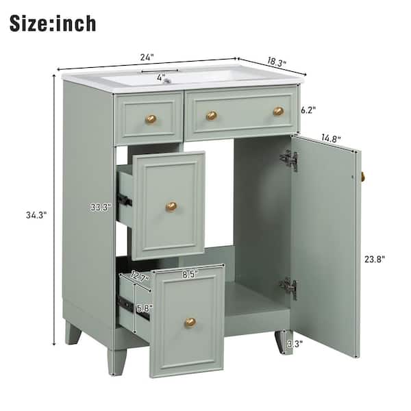24 in. W Freestanding Bath Vanity with White Ceramic sink, 2 Drawers and 1 Door in Green