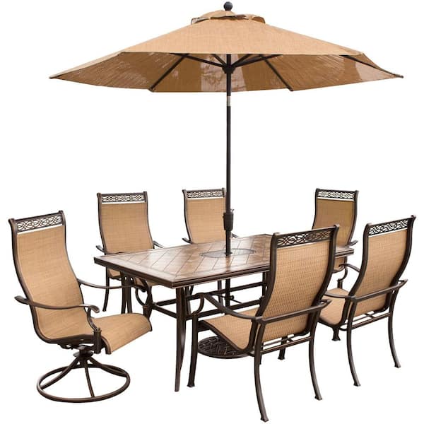 Hanover Monaco 7-Piece Rectangular Patio Dining Set and 2 Swivel Rockers, Umbrella and Base