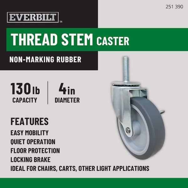 4 in. Gray Rubber Like TPR and Steel Swivel Threaded Stem Caster with Locking Brake and 130 lb. Load Rating