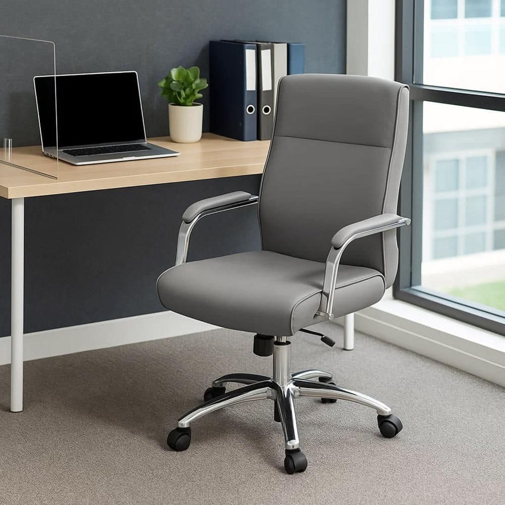 Megh Vinyl Lumbar Support Office Executive Chair in Gray, Black and Chrome with Arms
