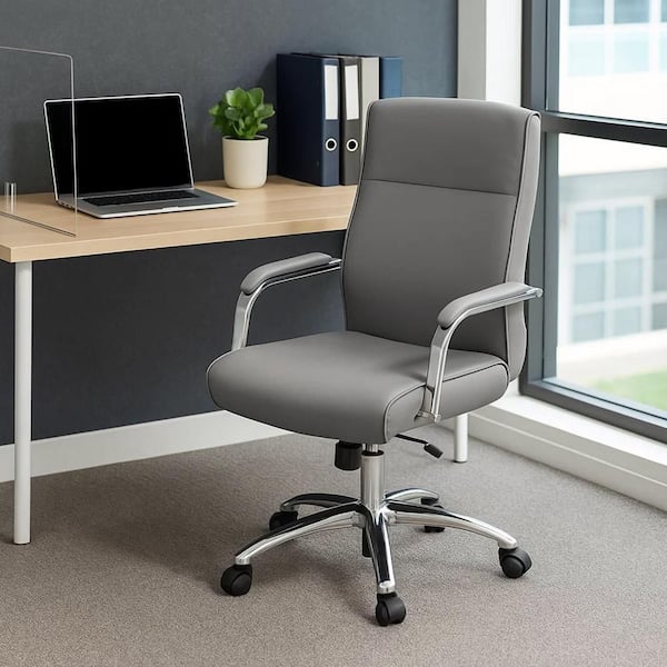 Megh Vinyl Lumbar Support Executive Chair in Gray, Black and Chrome with Arms
