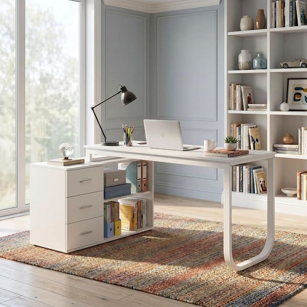FUFU&GAGA 55.1 in. L-Shaped White Wood Computer Desk Writing Desk 