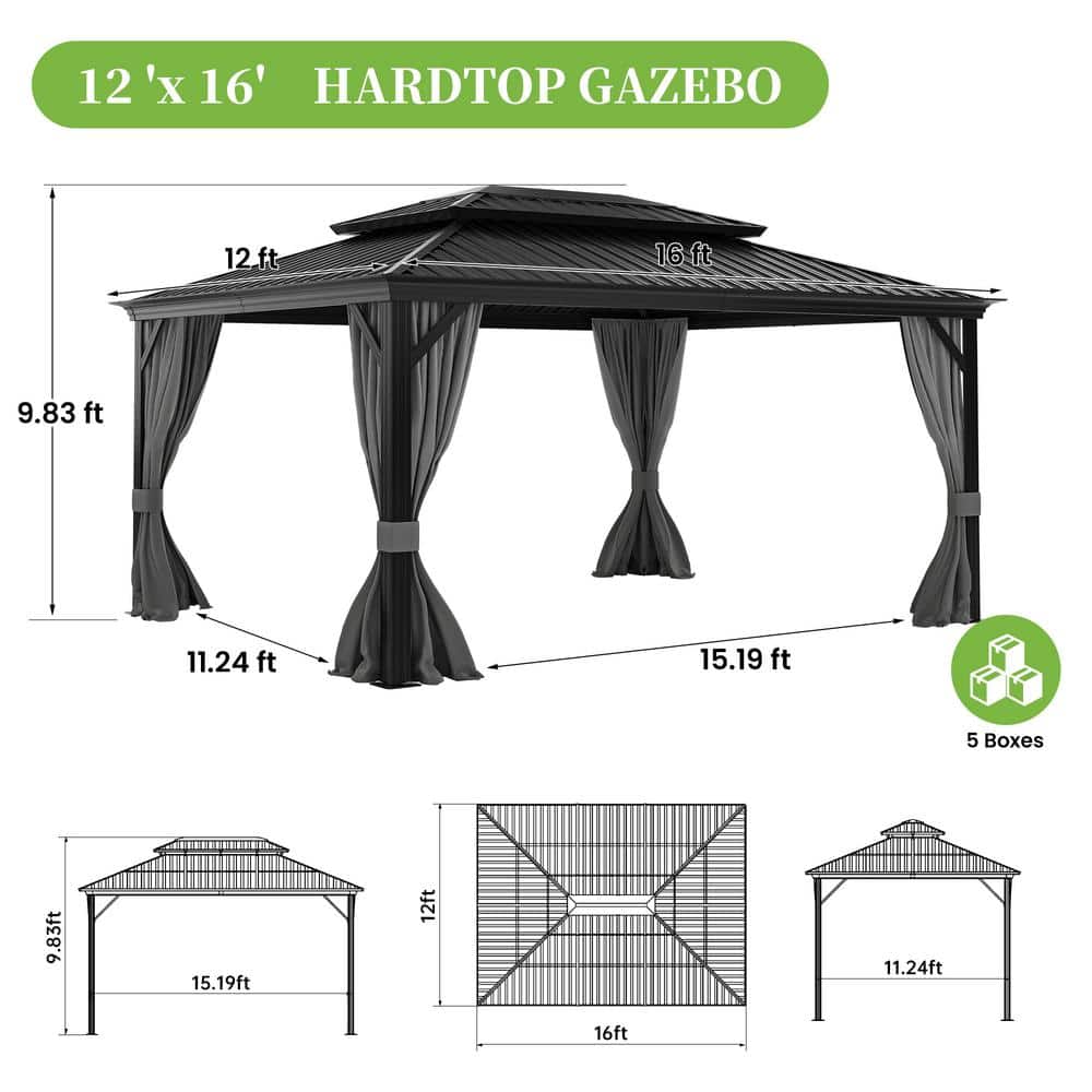 Gray Aluminum Hardtop Gazebo with Curtains and Netting, 12' x 16'