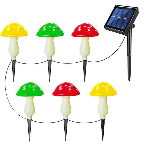 Multi-Colored Plastic Solar Outdoor Mushroom Lights 6-Pack
