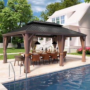 12 ft. x 18 ft. Hardtop Gazebo Double Galvanized Steel Roof Canopy with Ceiling Hook, Textilene Netting and Curtains