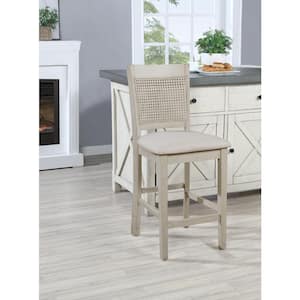 Walden 24 in. Cane Back Counter Stool 2-Pack with Antique White Base and Linen Fabric Seat