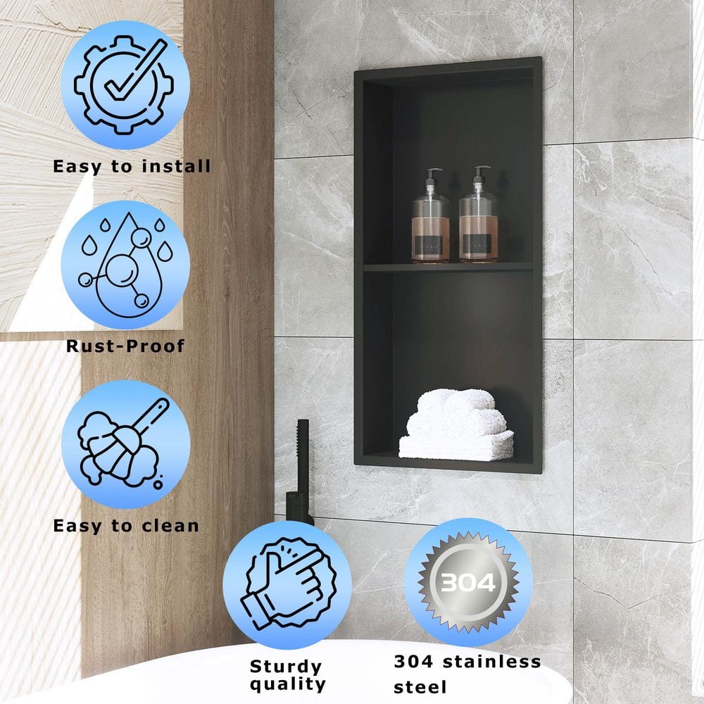 Matte Black Stainless Steel Double Shelf Recessed Shower Niche