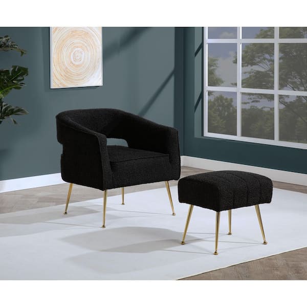 Kenya Black Boucle Fabric Accent Armchair and Ottoman Set of 2