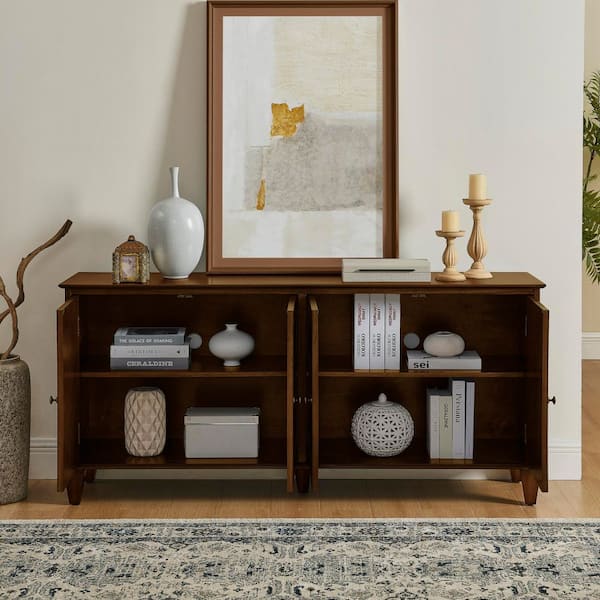 Lemar Modern 65.55 in. W Walnut Wood Buffet Sideboard Cabinet with Geometric Pattern, 4-Door and Adjustable Shelves