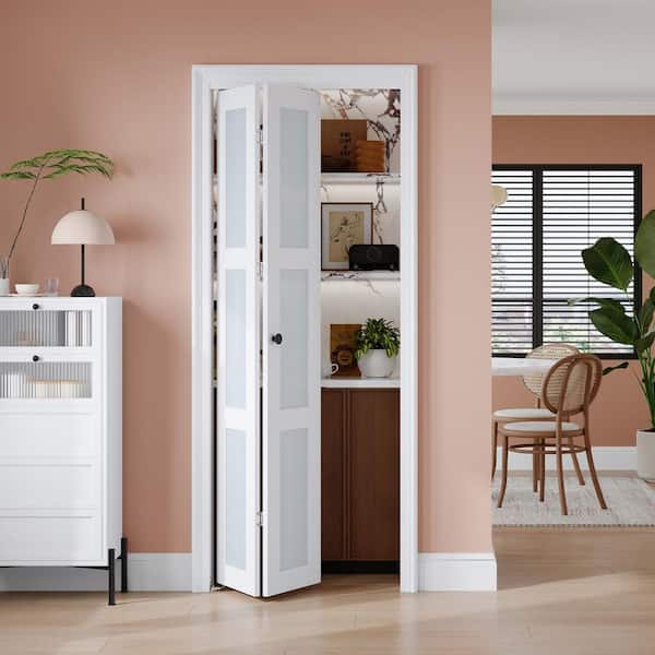 24 in. x 80 in. 3 Lite Tempered Frosted Glass White Finished MDF Solid Core Bi-Fold Door with Hardware Kit