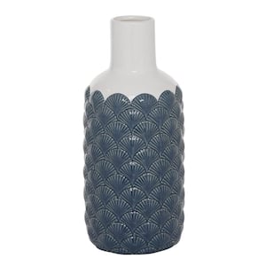 13 in. Blue Ceramic Decorative Vase with Shell Designs