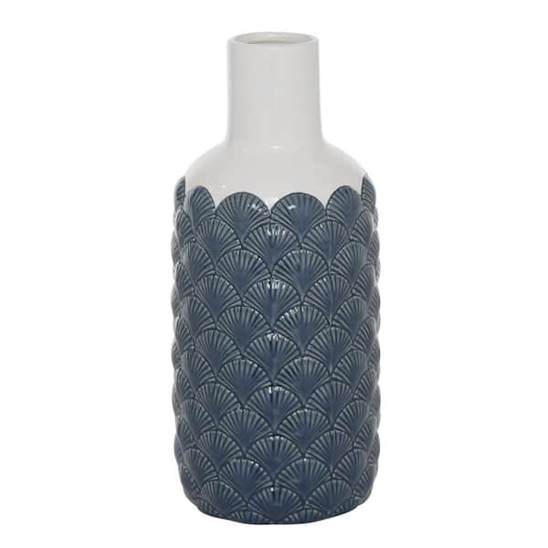 Litton Lane 13 in. Blue Ceramic Decorative Vase with Shell Designs