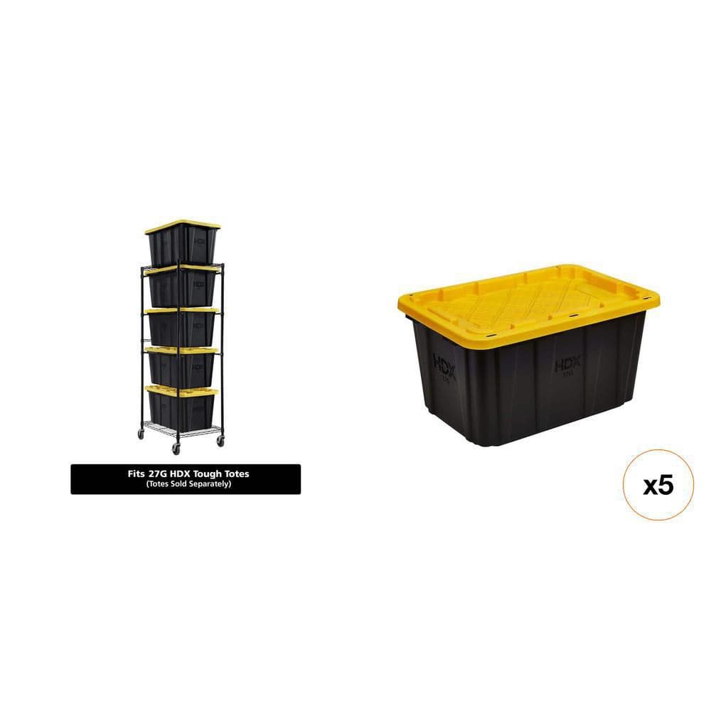 Steel Wire Garage Storage Rack (22 in. x 69 in. x 28.5 in.) and 5-Pack of Yellow 27 Gal. Totes