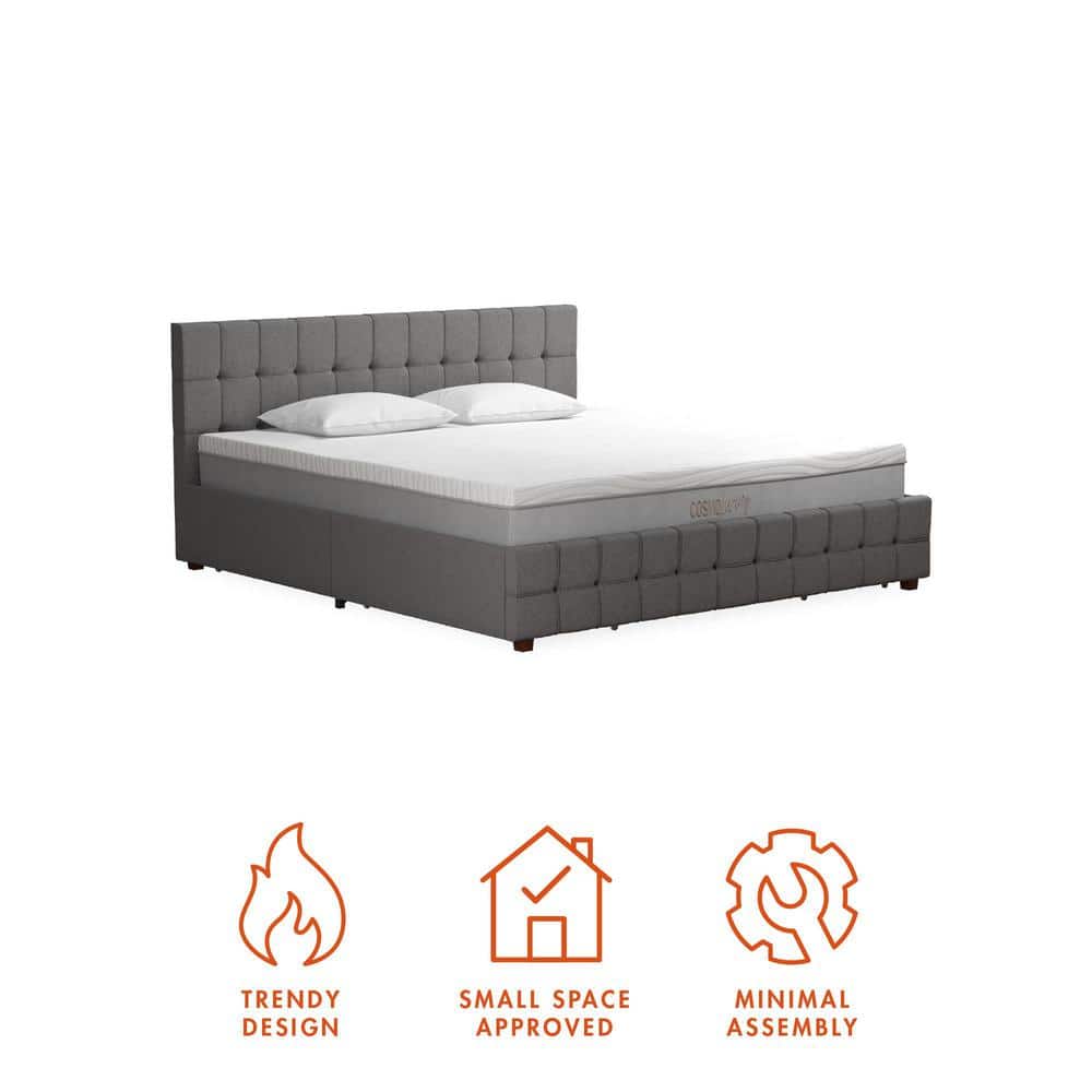 King-Size Gray Linen Upholstered Storage Bed with Tufted Design & 4 Drawers
