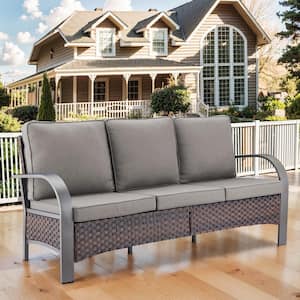 Brown Wicker Outdoor Couch, All Weather Rattan 3-Seat Sofa with Metal Armrest with Gray Cushions for Garden Backyard