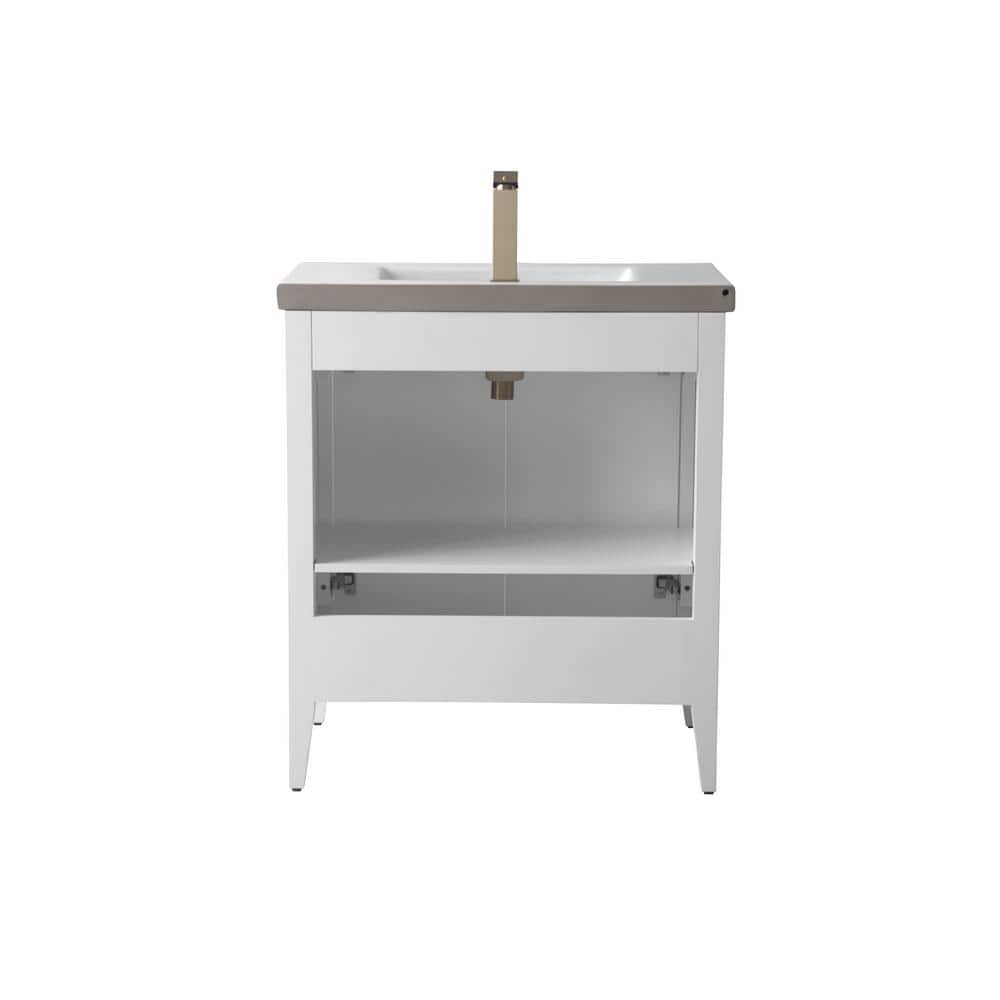 30" White Solid Wood Freestanding Bathroom Vanity with Ceramic Top