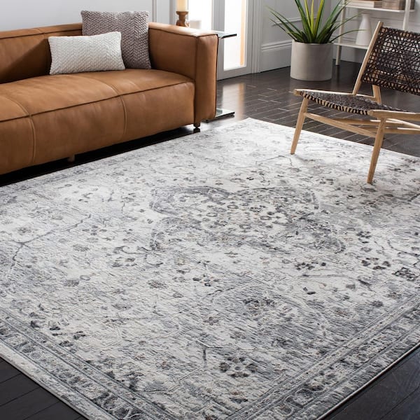 Shivan 7 ft. x 7 ft. Ivory/Gray Distressed Border Medallion Square Area Rug