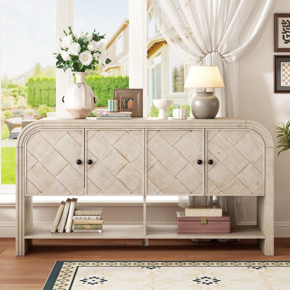 59.8 in. Beige and Brown Rectangle MDF Console Table with Woven Wood Slats