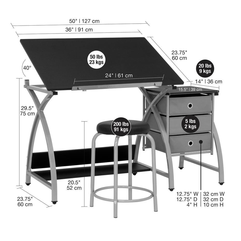 Comet Art & Craft Workstation with Storage and Padded Stool, Silver & Black