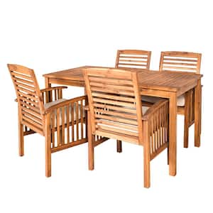 5-Piece Acacia Wood Outdoor Dining Set with White Cushion