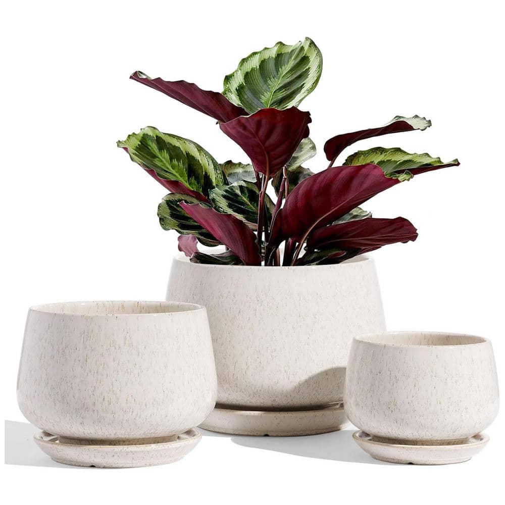 Reactive Glaze Beige Ceramic Indoor/Outdoor Plant Pot with Drainage Hole an