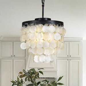 14 in. 3-Light Statement Tiered Capiz Shells Chandelier in Matte Black for Kitchen Island