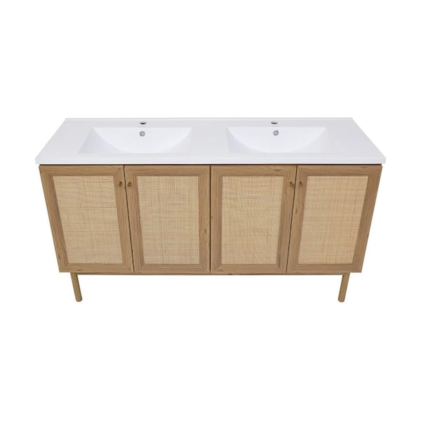 Classe 60 in. Freestanding Bath Vanity in Golden Oak with White Ceramic Double Basin Sink Top