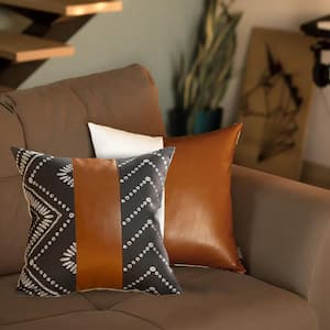 Brown Boho Handcrafted Vegan Faux Leather Mixed Abstract Geometric Throw Pillow Cover (Set of 2)