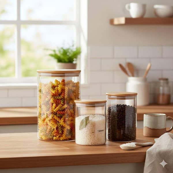 Glass Canisters 3-Piece Clear Storage Jar Set with Airtight Bamboo Lids 42 Preprinted Pantry Labels Large Capacity