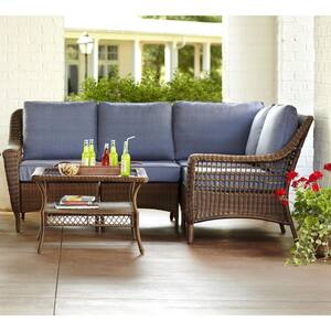 Spring Haven 4-Piece Brown Wicker Outdoor Sectional Chairs with Blue Cushions
