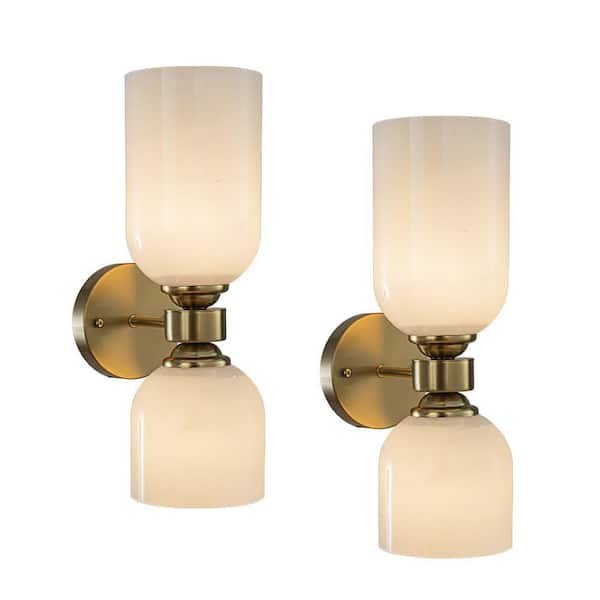 ALOA DECOR 5 in. 2-Light Vintage Brass Wall Sconce with Milky Glass Shades Dimmable Vanity Light For Bathroom Or Hallway(2 Pack)