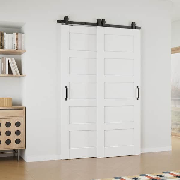 52 in. x 80 in. (Double 30 in.) Paneled 5-Lite White Primed Solid Core MDF Sliding Barn Door with Hardware Kit Bypass