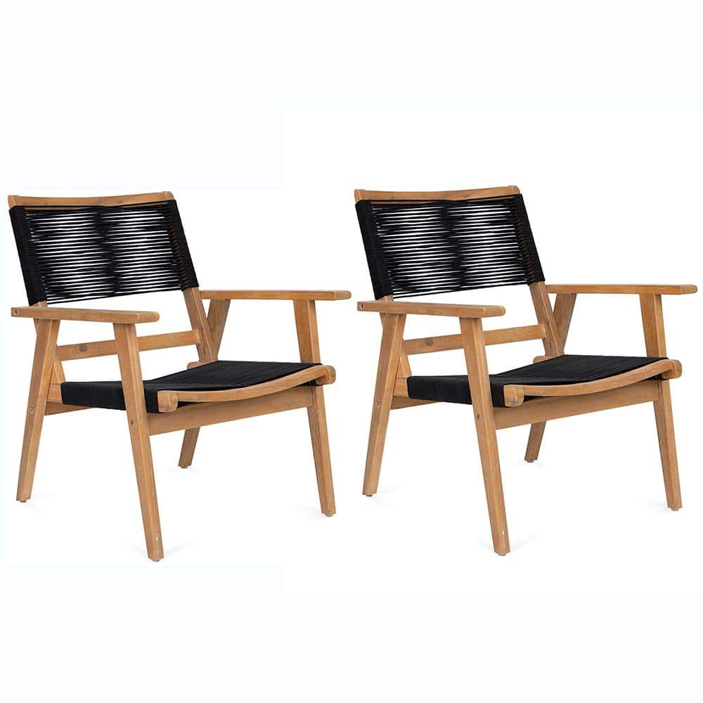 2-Pieces Wood Outdoor Lawn Chair, Patio Furniture Chair Black Rope Furnitur