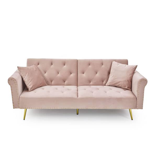 URTR 33 in. W Square Arm Sofa Velvet Upholstery Sofa Modern Straight Folding Living Room Sofa Bed with 2-Pillows in Pink