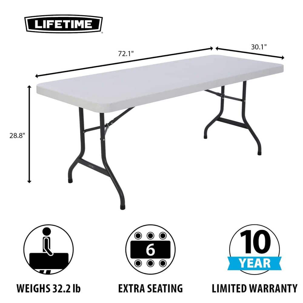 6-Foot White Granite Rectangular Folding Table with Steel Frame