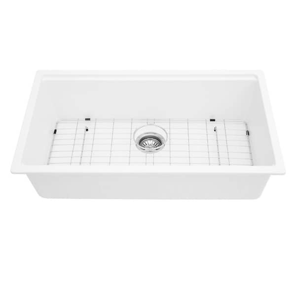 Modland Loile 32 in. L Undermount Single Bowl White Granite Composite Kitchen Sink with Grid, Strainer, Rack and Cutting Board