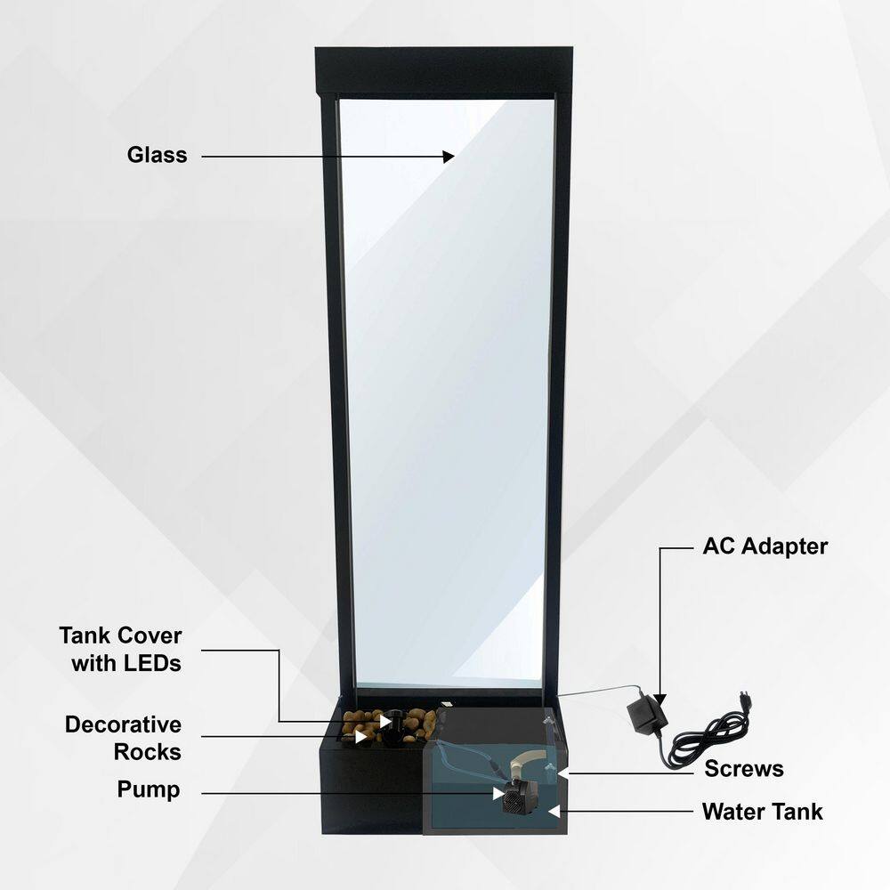 68" Black Aluminum and Clear Glass Freestanding Waterfall Fountain with LED Lights