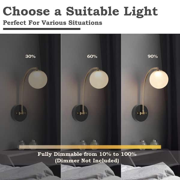 Modern Farmhouse 1-Light Brass gold Integrated LED Swing Arm Wall Sconce, Black Wall Lamp with Globe Frosted Glass Shade