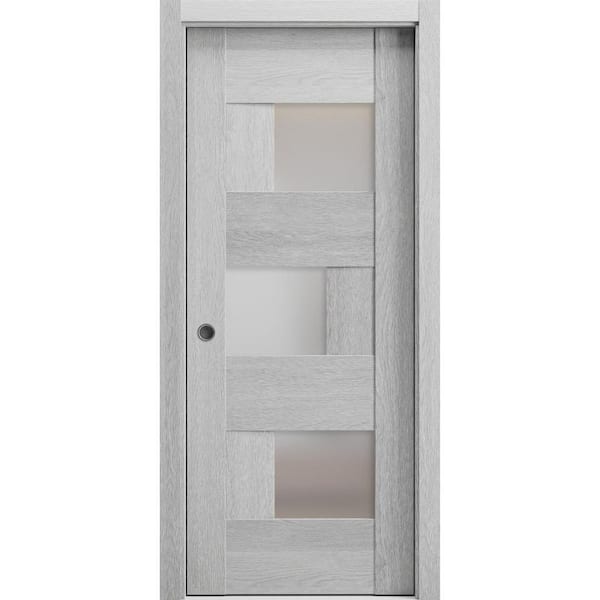 VDOMDOORS 36 in. x 96 in. 1 Panel Light Grey Oak Finished MDF Sliding Door with Hardware